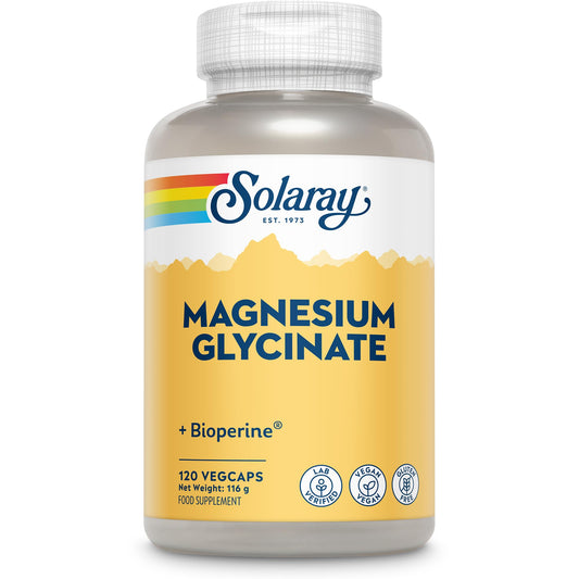 SOLARAY Magnesium Glycinate - 120 Vegan Capsules - High Strength Magnesium Bisglycinate Supplement - with Added Bioperine Black Pepper for Gentle Digestion - Lab Verified - Solaray