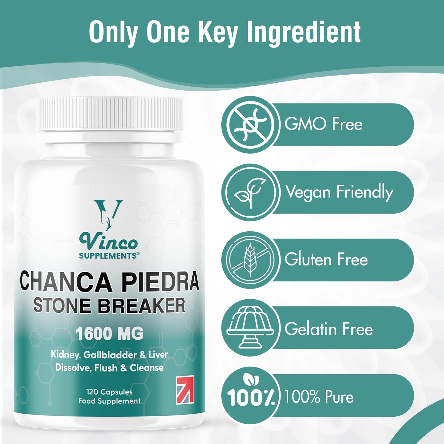 Vinco Supplements Vinco Chanca Piedra Capsules - Stone Breaker -1600mg – 120 Capsules - Peruvian Source - Kidney Stone Crusher Gallbladder Support - Dissolve, Flush & Cleanse - Made in The UK