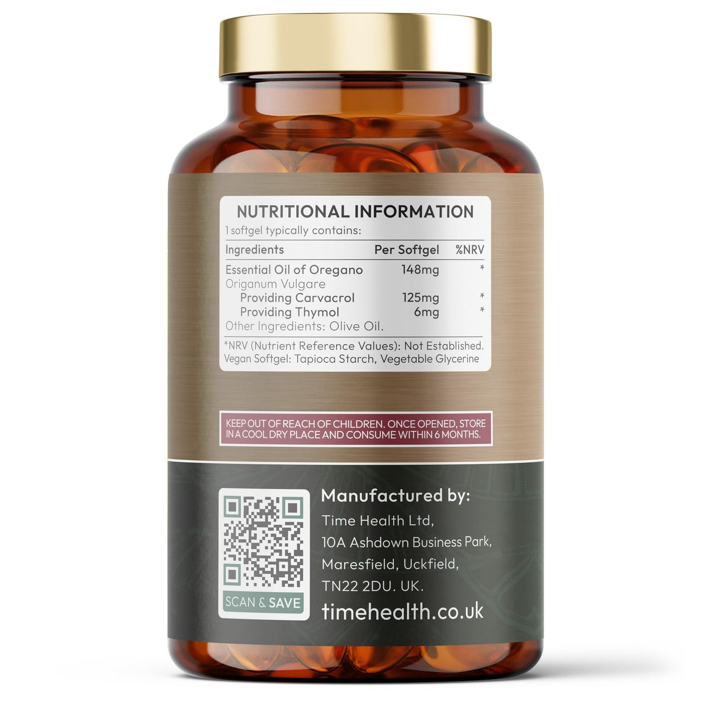 Time Health Oregano Oil - 120 Softgels - Vegan & Carrageenan-Free - 125mg Carvacrol per Softgel - Contains Thymol - UK Made - Zero Additives (120 Softgel Bottle)