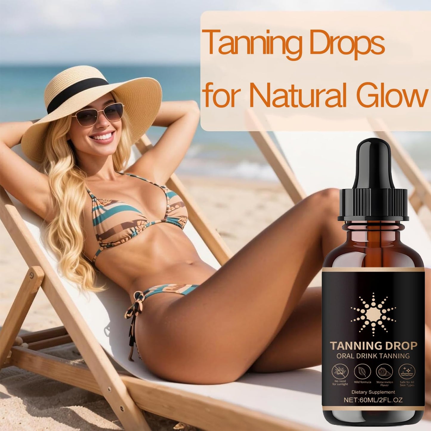 60ML Sunless Tanning Drops to Drink, Oral Tanning Drops, Drinkable Tanning Supplement with Natural Ingredients to Boost Melanin Naturally, Safe & Long-Lasting Enhances Natural Tan, for All Skin Types