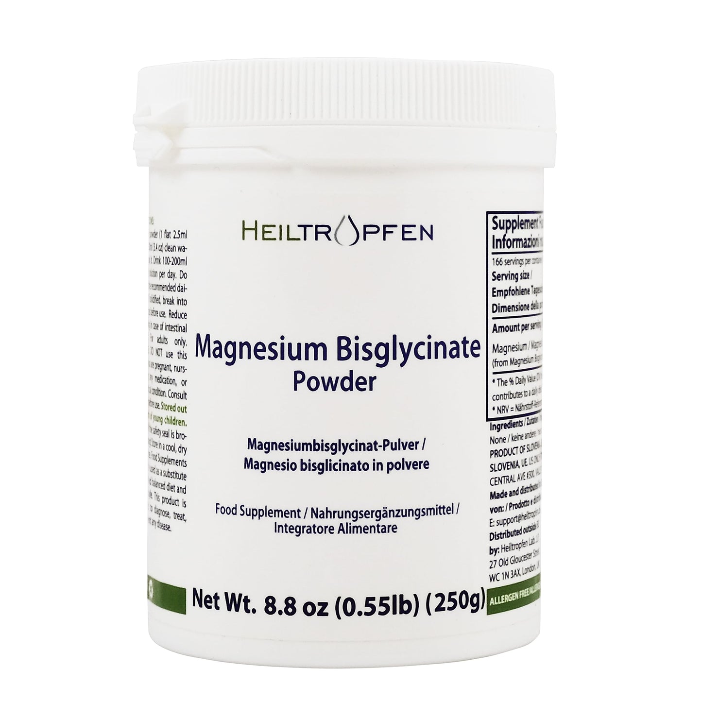 Magnesium glycinate as Magnesium bisglycinate | 0.55 lb – 250 g | Crystal Powder Soluble in Water | Heiltropfen®