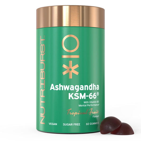 Nutriburst 300mg Ashwagandha + Vitamin B5 & Iodine - Herbal Adaptogen Reduce Tiredness & Fatigue, Supports Mental Performance - Vegan, Sugar Free Supplement - 60 Gummies - 1 Month Supply