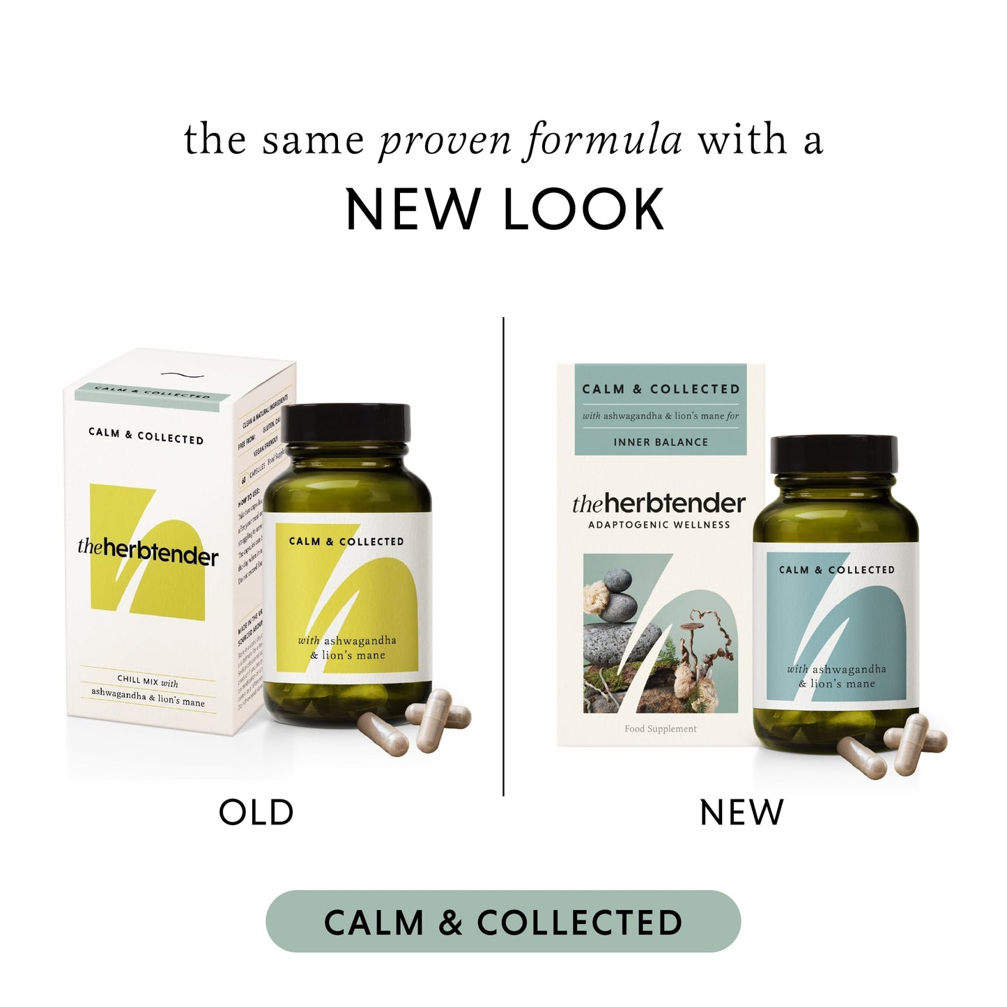 The Herbtender Calm & Collected - Ashwagandha, Lion's Mane, Holy Basil Blend for Anxious Moments, Supports Sleep & Inner Balance, Vegan, Organic Ingredients, 60 Capsules