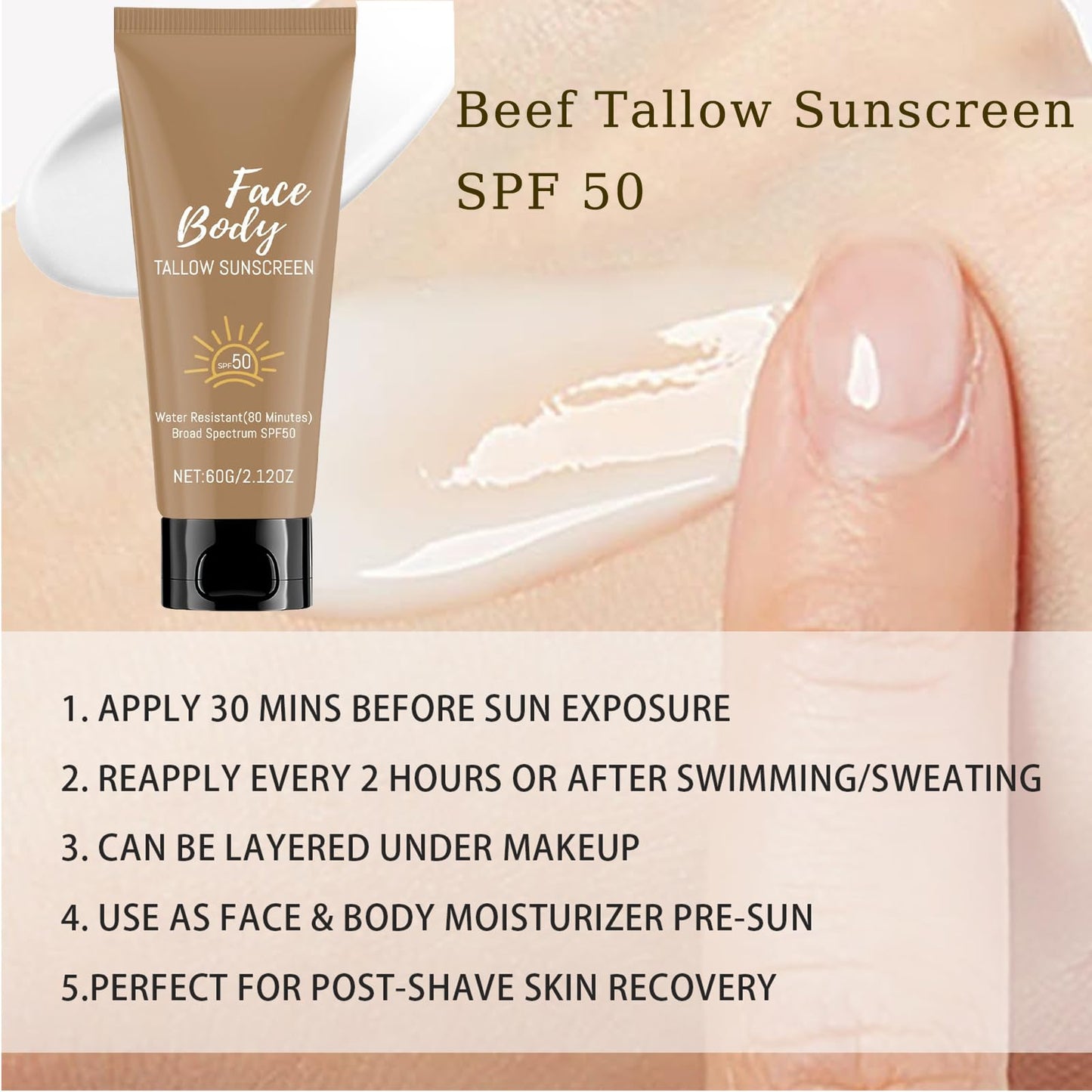 Tongyend Tallow Sunscreen SPF50+ Face & Body Sun Cream | Broad Spectrum UVA/UVB Protection | Face Sun Cream SPF 50 | Natural Tallow & Shea Butter | Non-Greasy + Lightweight | 60g Travel-Friendly