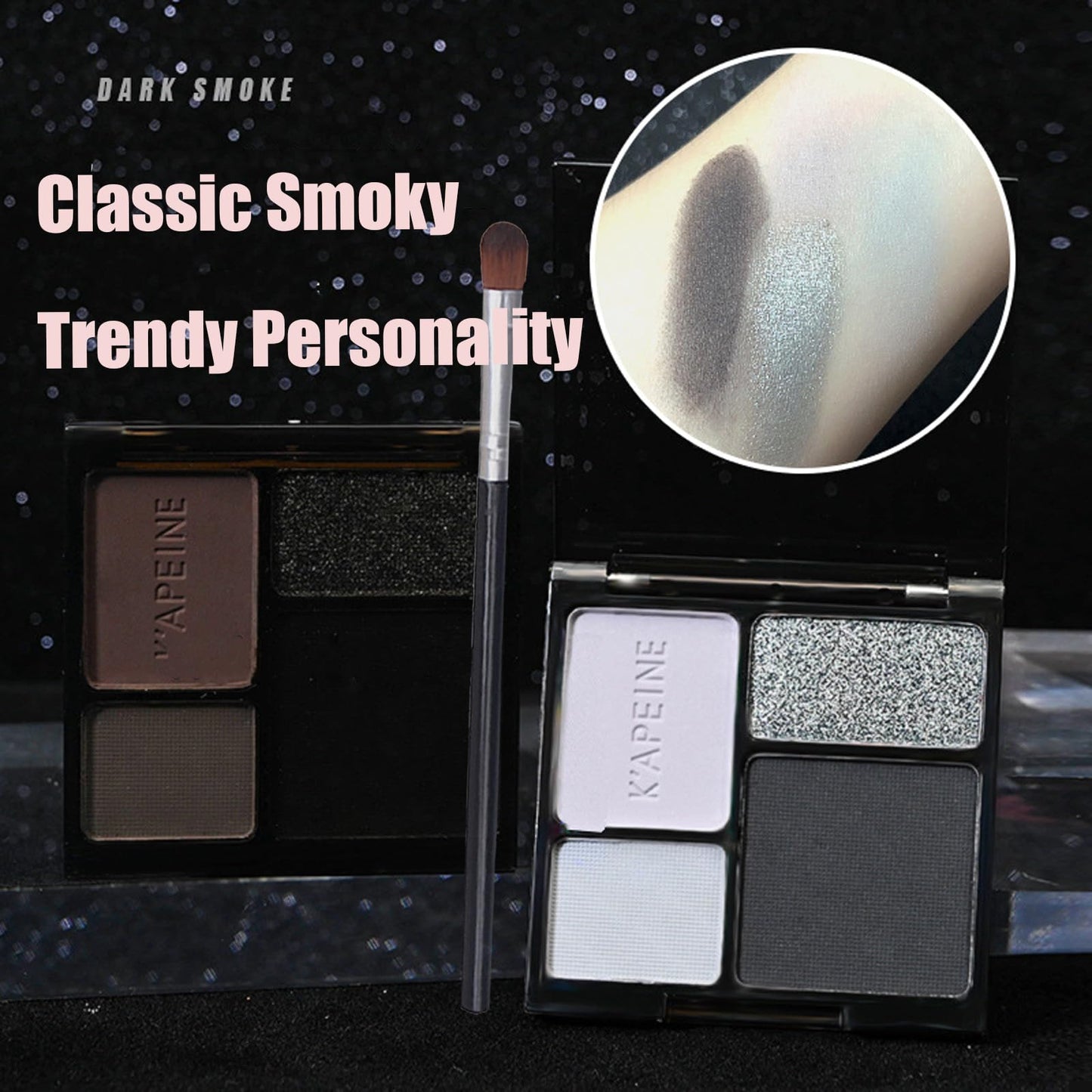 LYNTYAOU Black Silver Smoky Eyeshadow Palettes Goth Eye Shadow Palette, Gray Cool Make-Up Palettes Shimmer for Women Glitter Make up Set, Festival Eyeshadows 4 Colour, Long Lasting Highly Pigmented with Brush