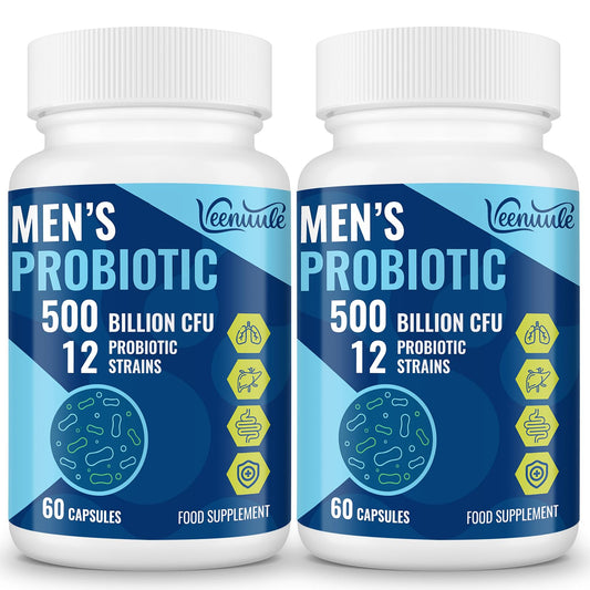 Veenuule 500 Billion CFU Probiotics for Men, 12 Diverse Strains Probiotics for Gut Health with Cranberry, Turmeric, Goji, for Digestive & Immune Health, Shelf Stable (60 Count (Pack of 2))