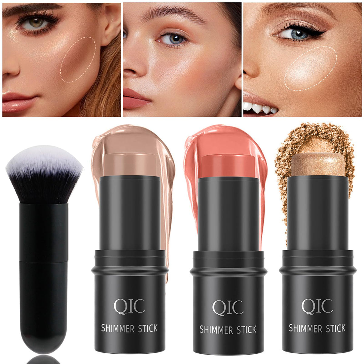 DENESTUP 3Pcs Contour Stick, Bronzer Highlighter and Blush Sticks, Cream Contour Beauty Wand with Brush, Long Lasting & Smooth Natural Face Contouring Illuminator, Professional Makeup Kit for All Skin