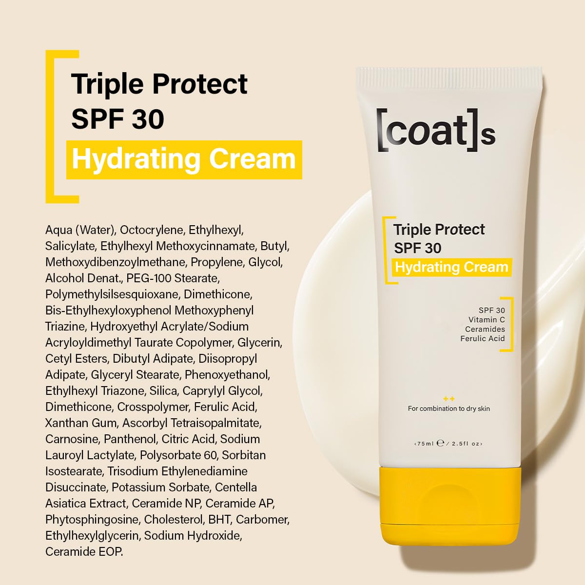 Coats SPF 30 Triple Protect Hydrating Face Cream with Ceramides + Vitamin C, UVA/UVB Protection. Non-Greasy, Non-Comedogenic SPF Face Moisturiser Sunscreen for Combination to Dry Skin (75ml)