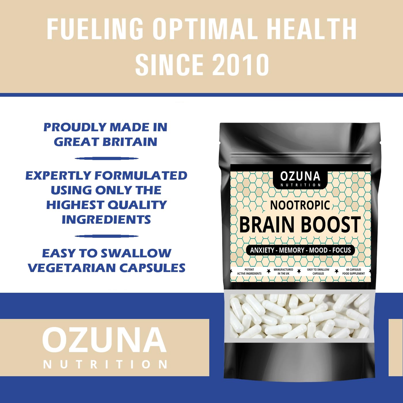 OZUNA NUTRITION Nootropic Brain Boost Supplement | Supports Cognitive Function, Energy Levels, Focus & Memory Function | Clear Brain Fog | with Ashwagandha & Chamomile | 60 Capsules