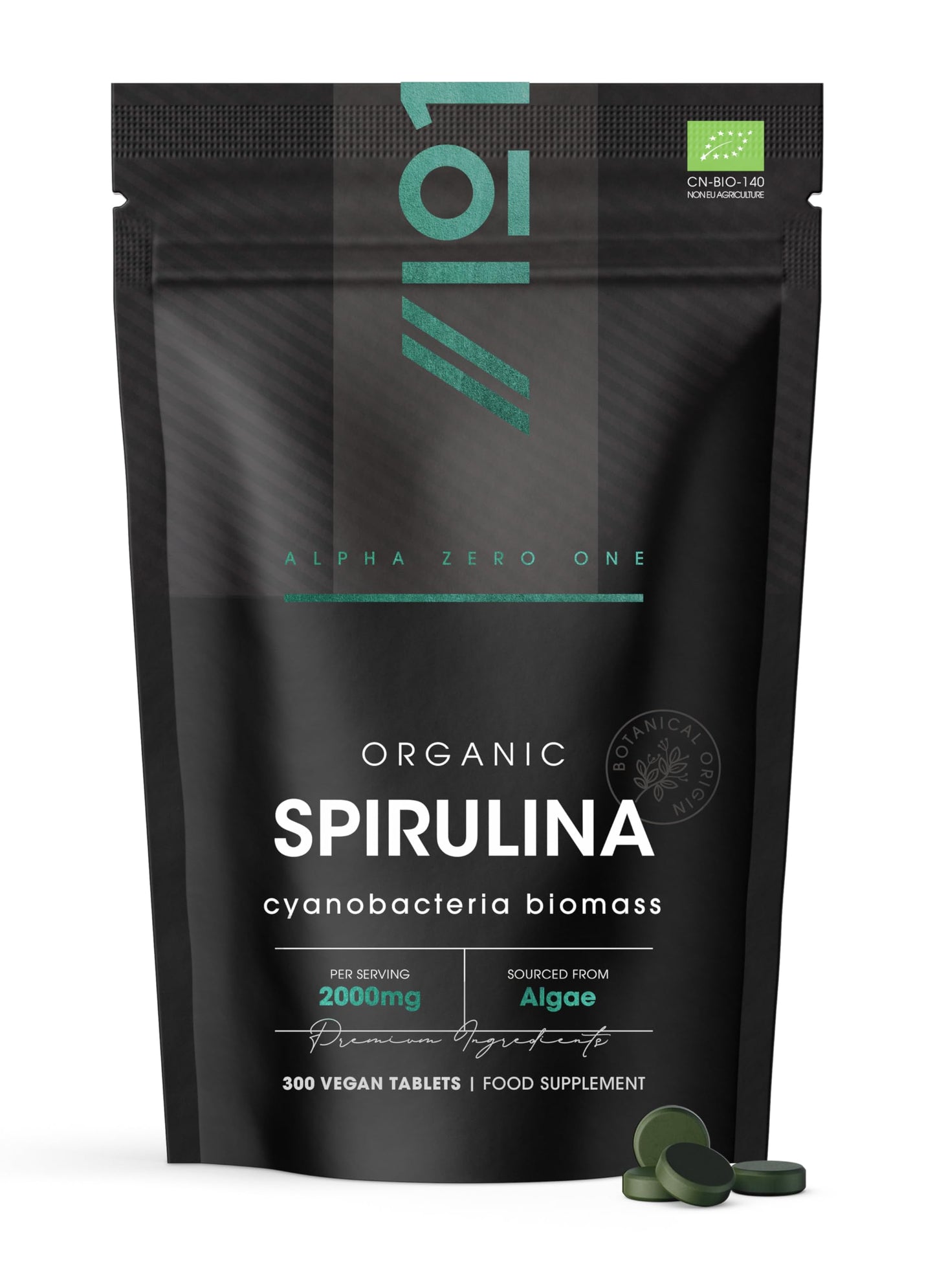 ALPHA01 Organic Spirulina 2000mg – 300 Vegan Tablets - Cold Pressed with No Additives – Resealable and Recyclable Pouch by Alpha01