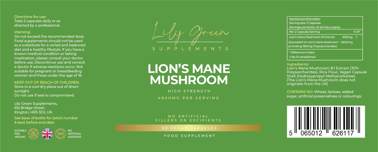 Lily Green Supplements Lily Green | Lions Mane Mushroom Supplement 4800mg per Serving | 90 Vegan Capsules | Mental Clarity & Focus | Immune Support | No Artificial Fillers | Made in UK