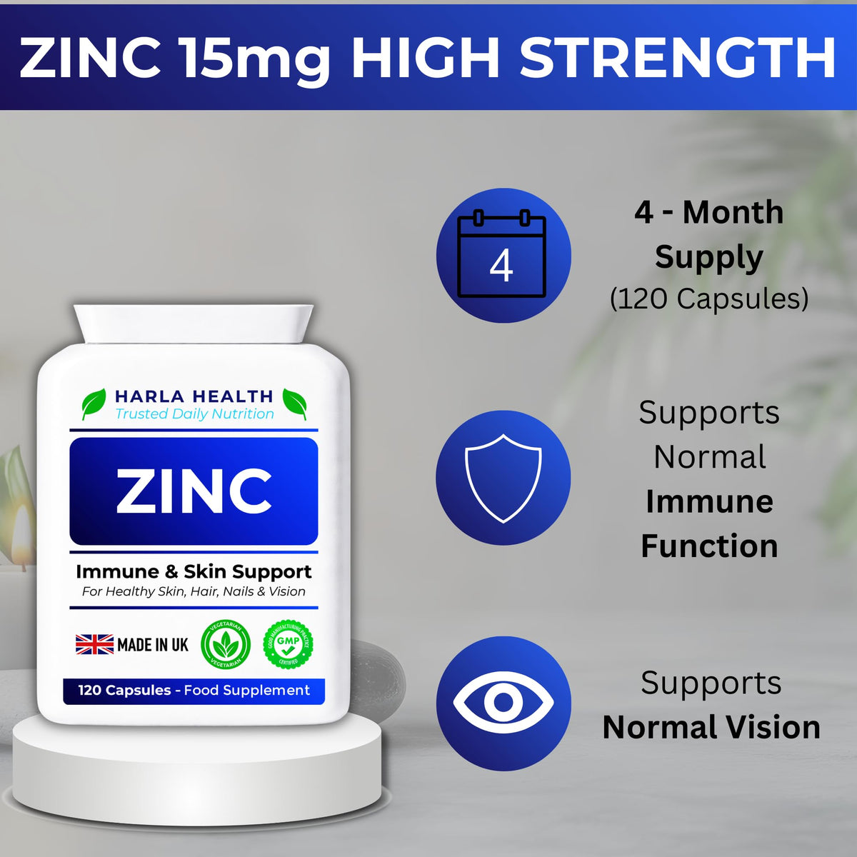 Harla Health Zinc 15mg | Immune System, Skin, Hair, Nails & Vision Support | High Strength Zinc Citrate | 120 Vegan Capsules | Made in UK GMP Certified