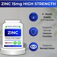 Harla Health Zinc 15mg | Immune System, Skin, Hair, Nails & Vision Support | High Strength Zinc Citrate | 120 Vegan Capsules | Made in UK GMP Certified