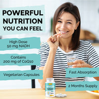 NADH 50mg Maximum Strength NADH - Energy Booster, NAD+ Supplement, Active Form of Vitamin B3, 2 Months Supply, 60 Count (Pack of 1)