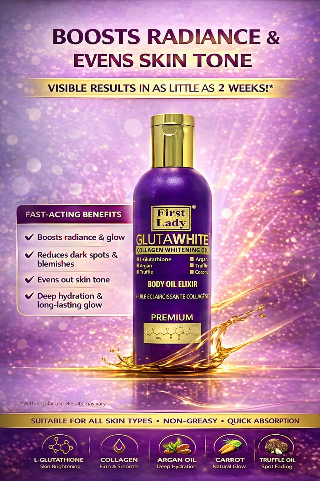 FIRST LADY GLUTAWHITE First Lady Glutawhite Collagen Skin Brightening Body Oil 200ml – Hydrating Glow Oil with Glutathione, Argan, Carrot, Lemon & Coconut Oils – Lightweight Moisturising Body Oil for Radiant Skin