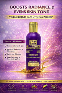 FIRST LADY GLUTAWHITE First Lady Glutawhite Collagen Skin Brightening Body Oil 200ml – Hydrating Glow Oil with Glutathione, Argan, Carrot, Lemon & Coconut Oils – Lightweight Moisturising Body Oil for Radiant Skin