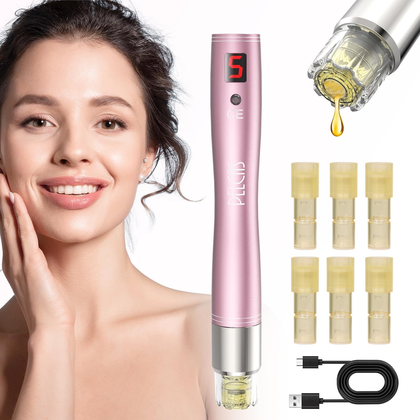 Automatic Serum Applicator Microneedling Pen PELCAS, A3 Electric Derma Pen Level 5 with LCD Screen Rechargeable Cordless Dermapen for Scars,Wrinkles,Stretch Marks,Acne,Skin Rejuvenation(Rose Gold)