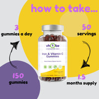 Iron Gummies with Vitamin C | for Teens & Aduts |High Strength Iron Supplement for Energy & Immunity | 150 Vegan Cherry Flavour Gummies | Gentle on Stomach | by vh1be