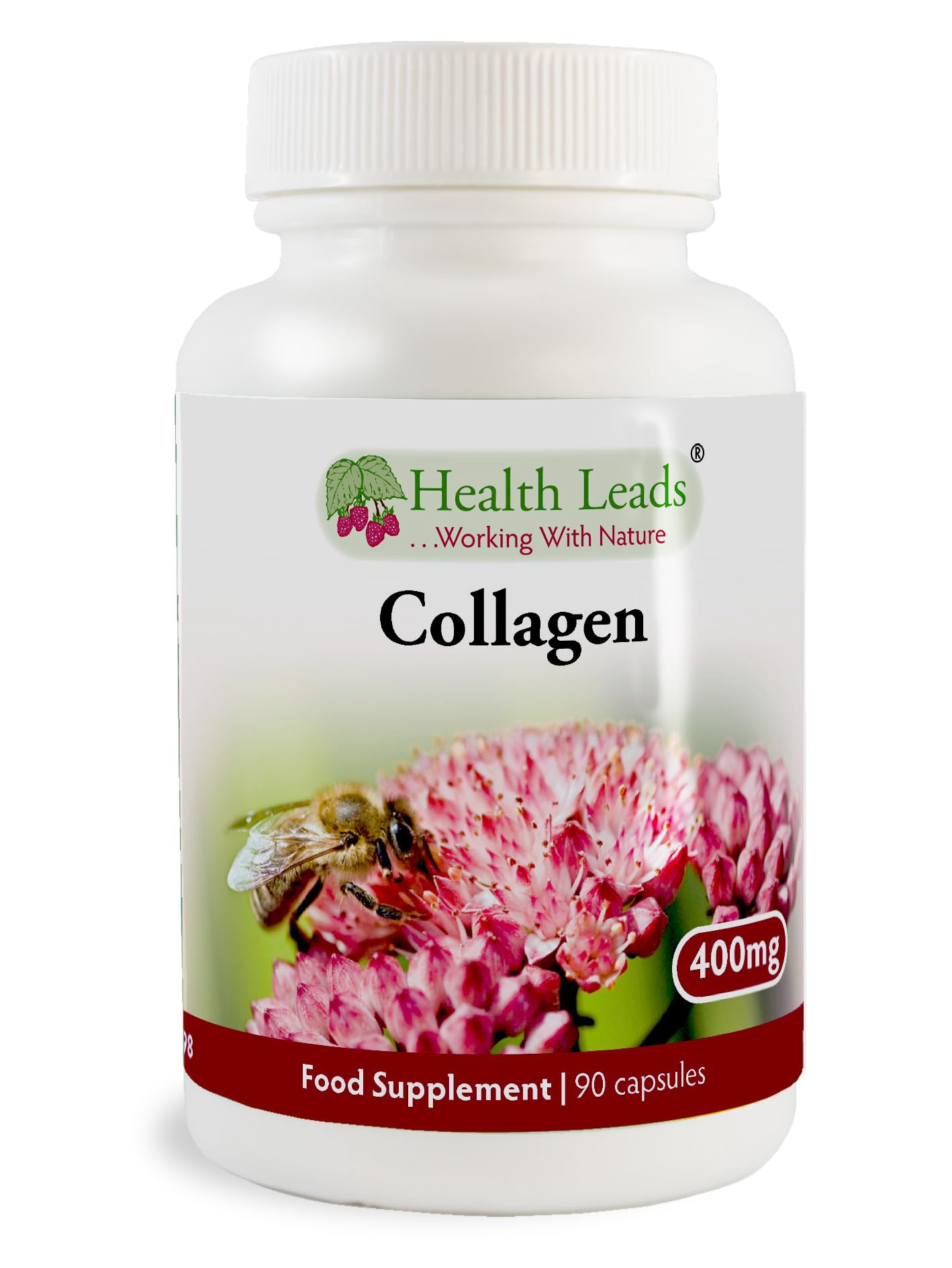 Health Leads ...Working With Nature High Strength Collagen 400mg 90 Capsules, 3 Months Supply, Premium Hydrolysed Porcine Powder, Wrinkles, Hair, Skin, Nails & Joints, Magnesium Stearate Free & No Nasty Additives, Made in Wales