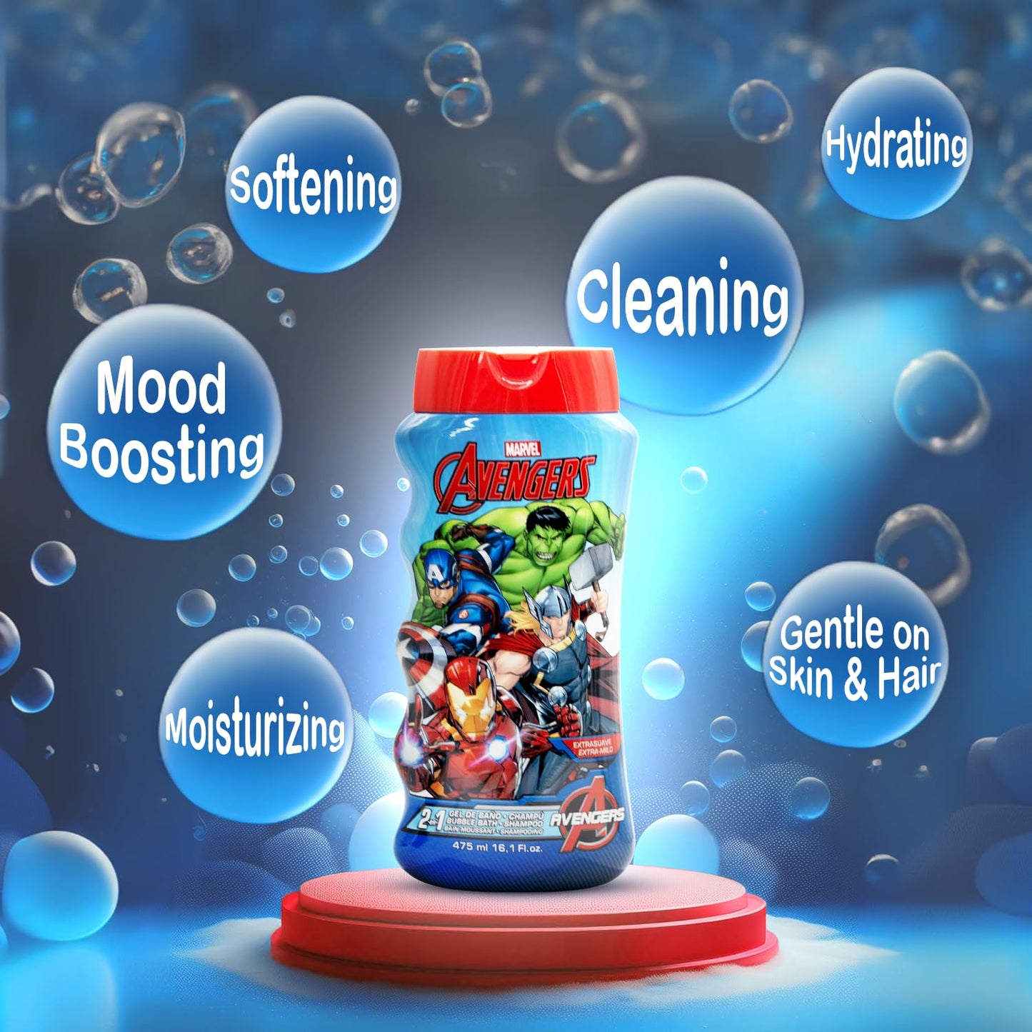 Avengers Kids 2-in-1 Bubble Bath & Shampoo - Gentle, Paraben-Free Bath & Hair Wash with Vitamin E & A, pH Balanced for Sensitive Skin - Lightly Scented, Safe for Children Aged 3+, 475ml