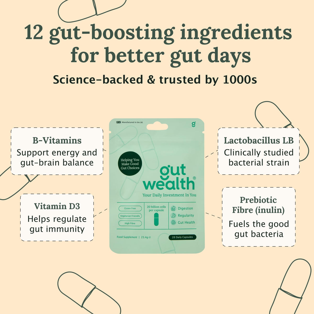Gut Wealth Daily Postbiotic Capsules for Gut Health Support, 4 Week Pack