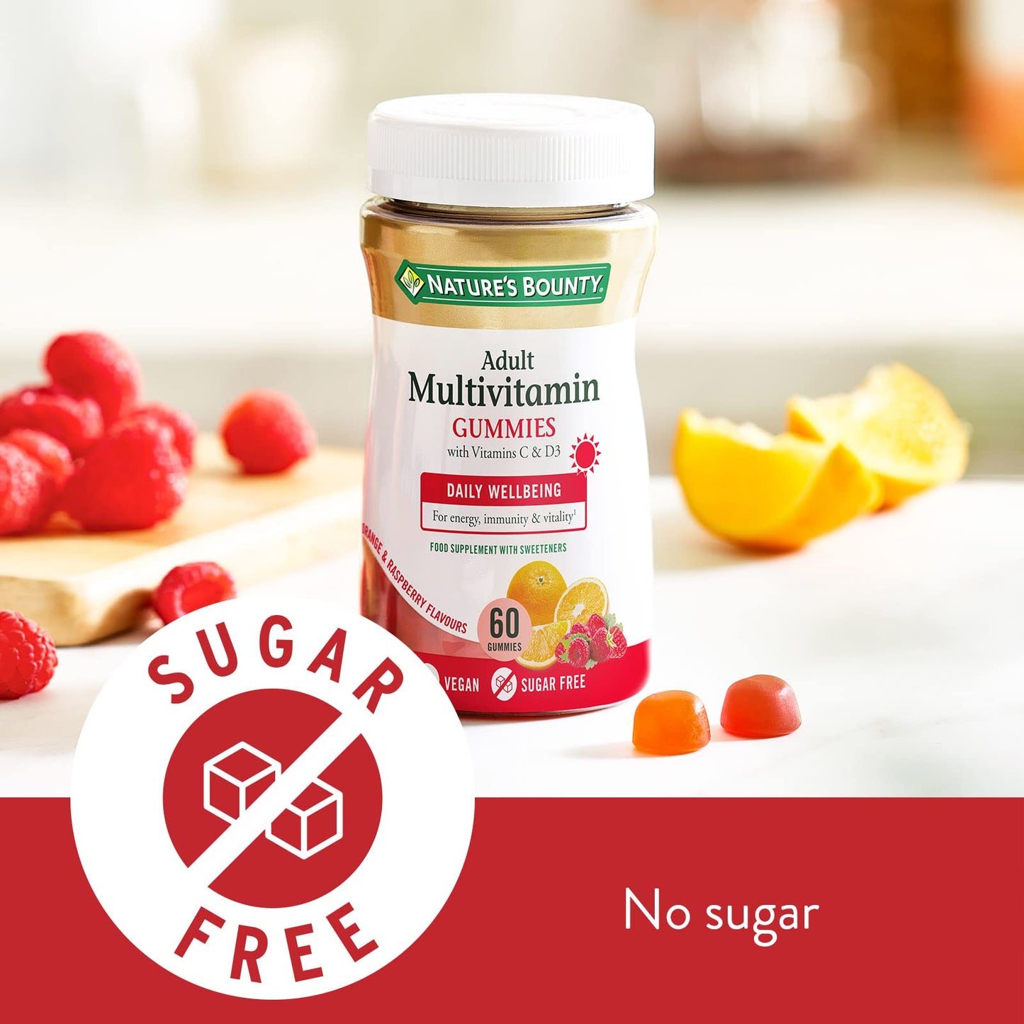 Nature's Bounty Adult Multivitamin Gummies - Pack of 60 Gummies, Two-a-day - With Vitamin B6, B12, D3, C and Biotin - For everyday wellbeing - Immune Support and Bone Health - Suitable for Vegans