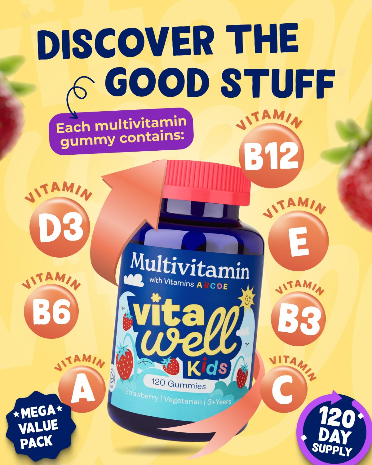 Vitawell Kids Multivitamin Gummies - 120 Natural Strawberry Flavour (4 Month Supply) | Chewable Kids Multivitamin Chews | Vitamin D3, A, E, C, B6, B12 | No Artificial Colours, Flavours, Preservatives