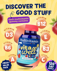 Vitawell Kids Multivitamin Gummies - 120 Natural Strawberry Flavour (4 Month Supply) | Chewable Kids Multivitamin Chews | Vitamin D3, A, E, C, B6, B12 | No Artificial Colours, Flavours, Preservatives