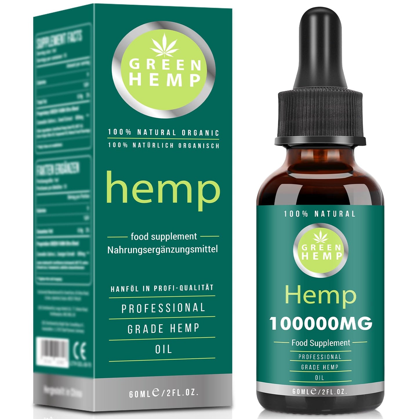 GREEN HEMP Premium Natural Oil Drops, High Potency Formula, Rich in Omega 3-6-9, Fatty Acid & Vitamin C-E, 100000mg 60ml