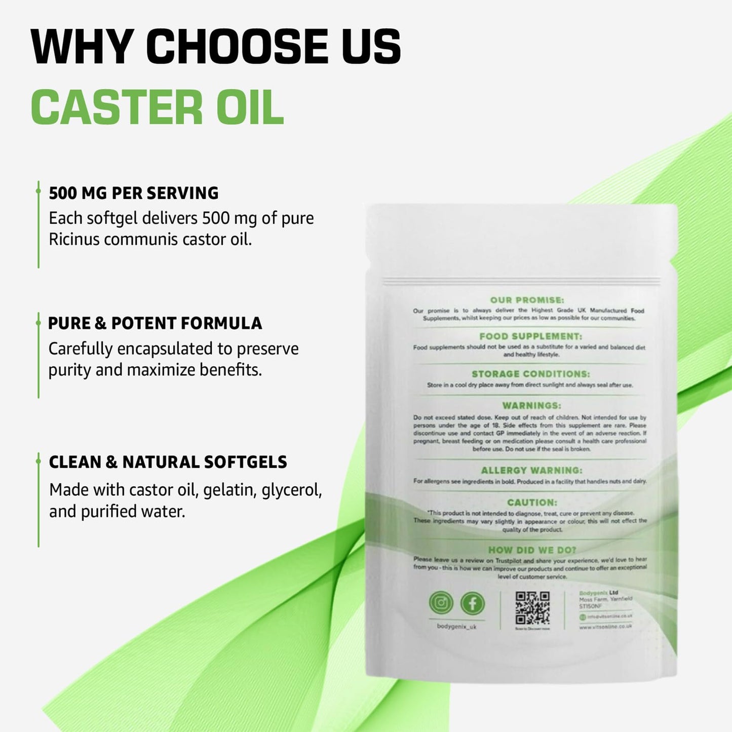 Bodygenix Castor Oil 500mg Softgel - Supports Immune System Skin Hair Health Joint Wellness Relief Natural Health Supplement - 30 Softgels, 1 Month Supply