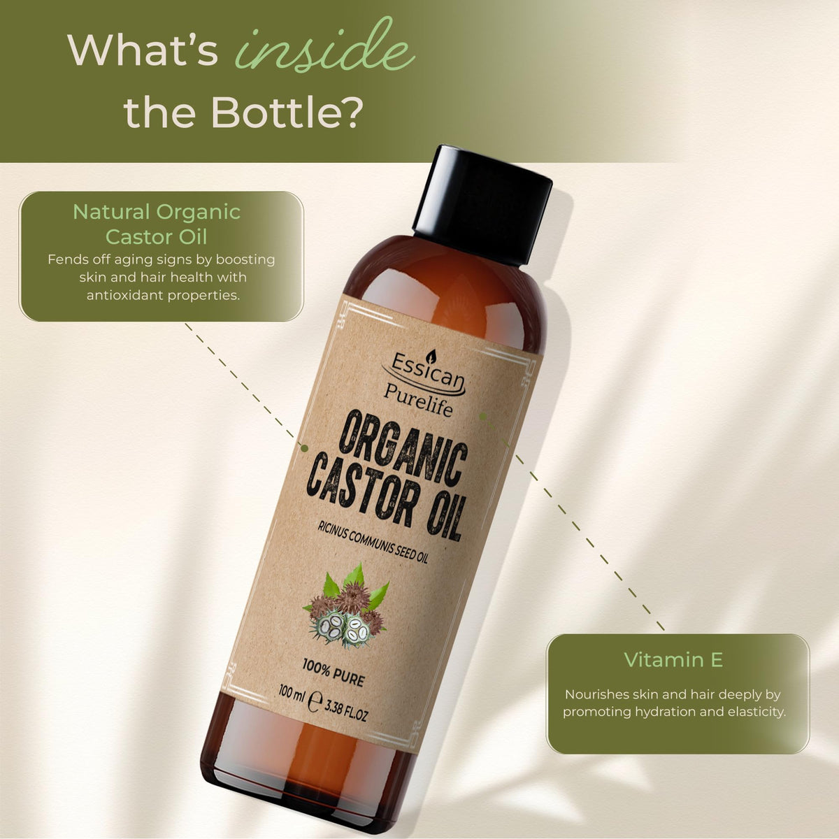 Essican Purelife Organic Cold Pressed Castor Oil for Hair Growth 100ml, Pure Organic Castor Oil for Eyelashes, Skin Moisturiser, Eyebrow Oils Enhancement - Ideal for Body, Nails & Beard Cruelty-Free
