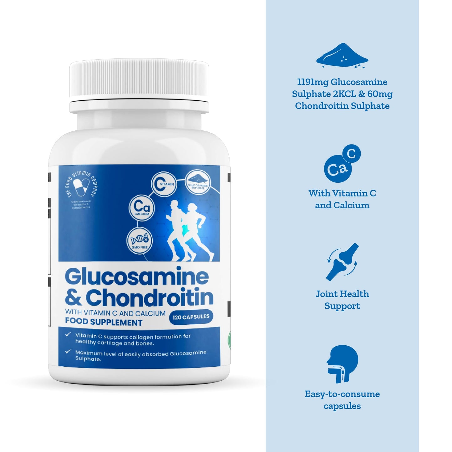 The Good Vitamin Company Glucosamine & Chondroitin: 120 Capsules - Supplement with High Strength Glucosamine Sulphate with Chondroitin, Vitamin C and Calcium for Joint Support, Made in UK, GMO Free