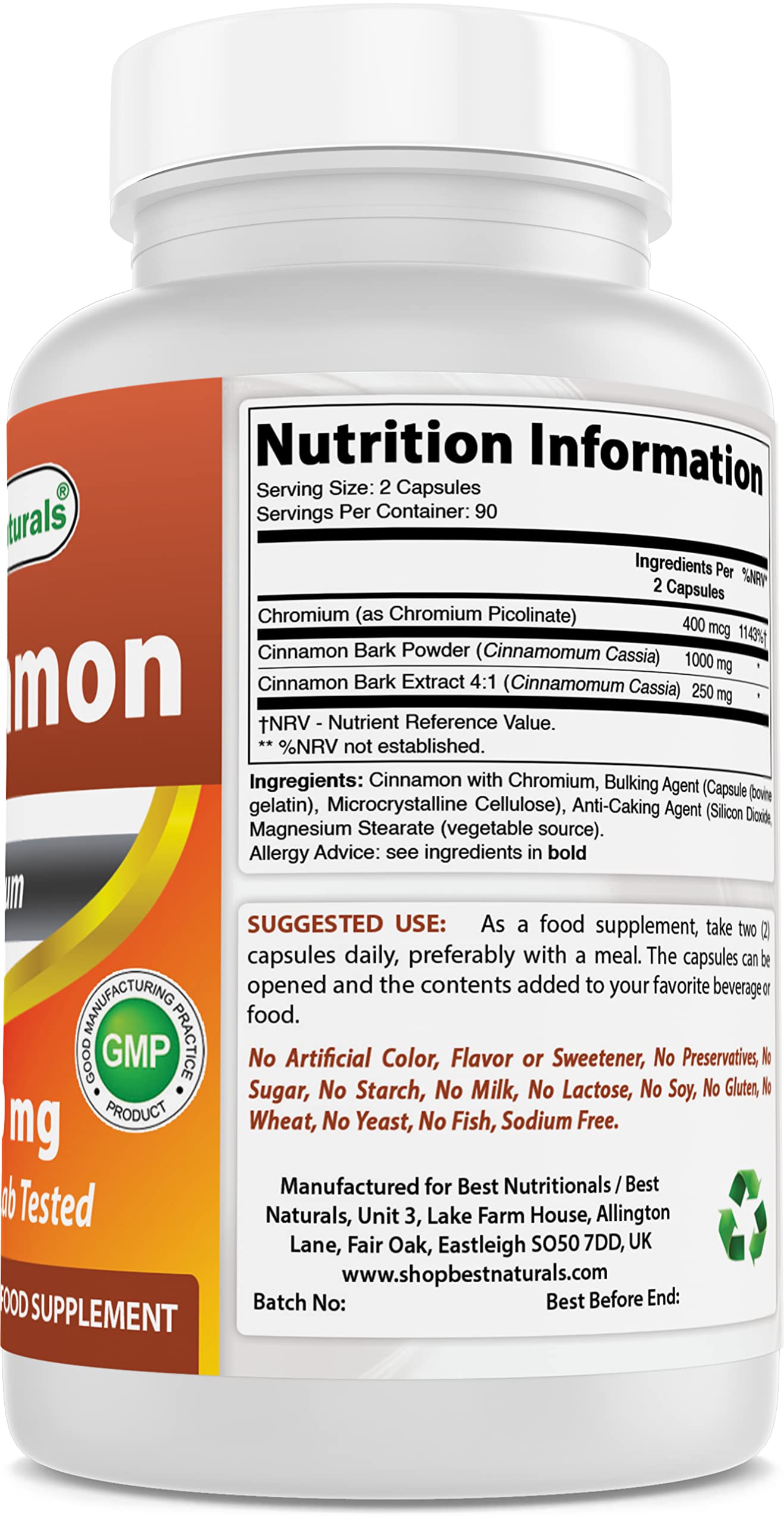 Best Naturals Cinnamon 1000 mg with Chromium 200 mcg 180 Capsules (180 Count (Pack of 1))