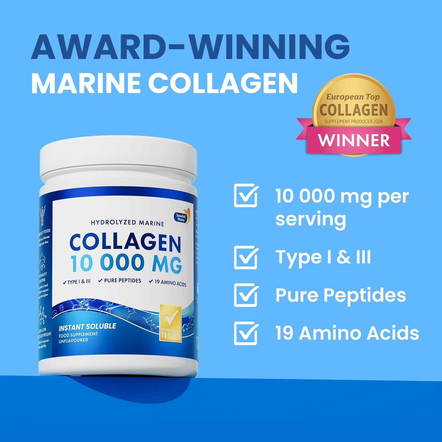 Swedish Nutra Marine Collagen 10,000 mg Unflavoured Powder, 300 g, 30 Day