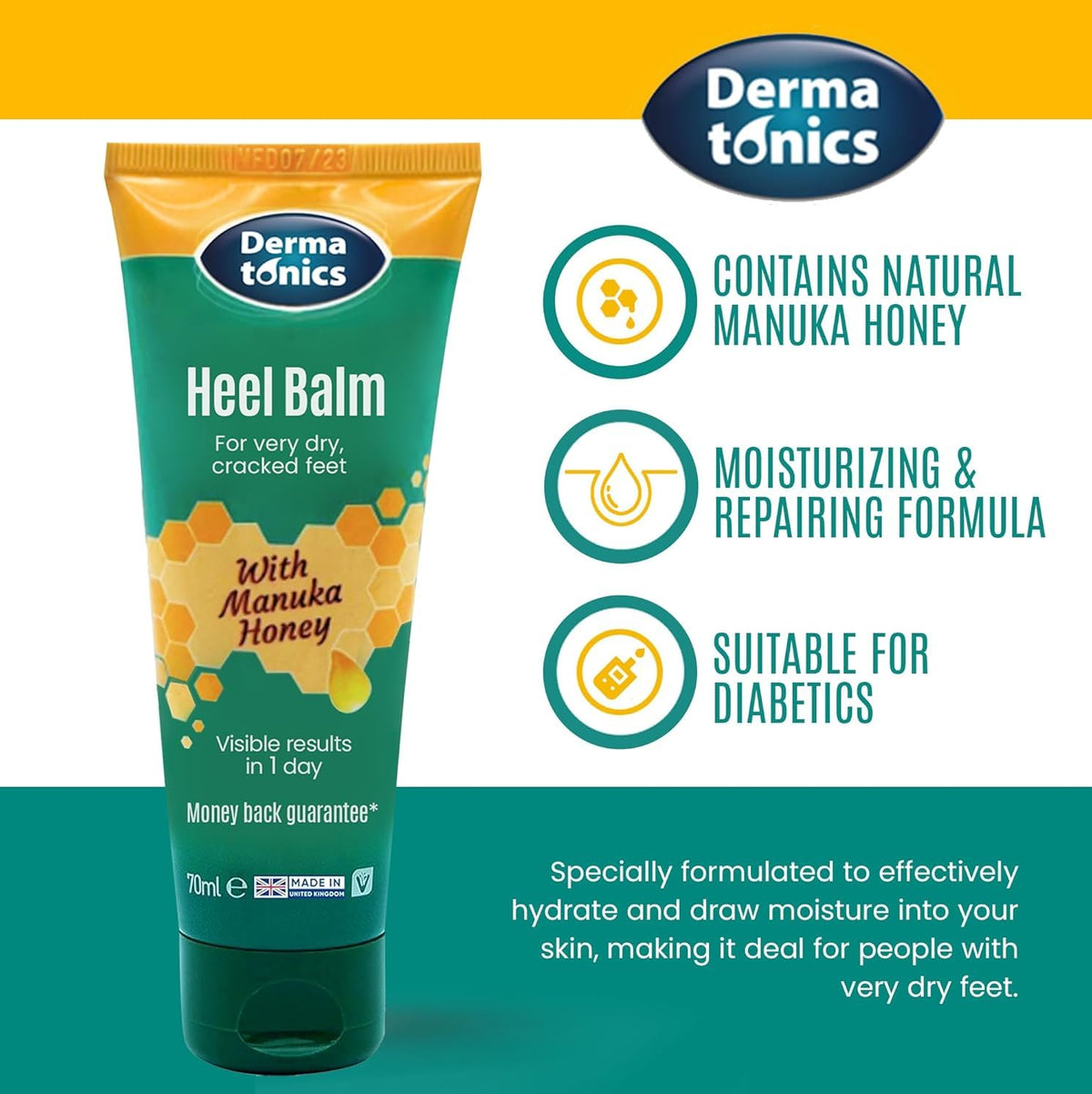 Dermatonics Fast-Acting Manuka Honey Heel Balm | Nourishing Formula for Very Dry and Cracked Heels | Visible Results in Just 1 Day | Suitable for Diabetics | 125 ml