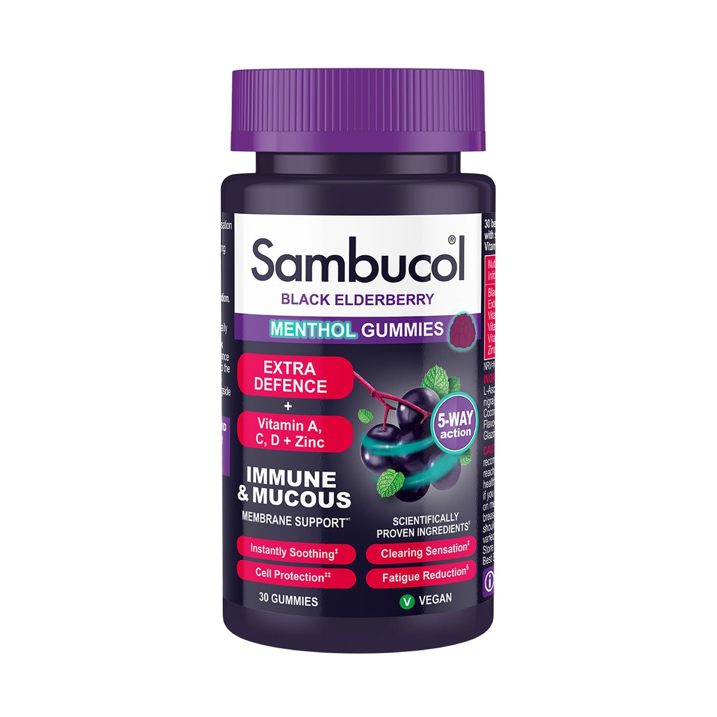 Sambucol Natural Black Elderberry Extra Defence Menthol Gummies |Vitamin A | Vitamin C | Vitamin D | Zinc |Advanced Immune Support Supplement| 30 Gummies
