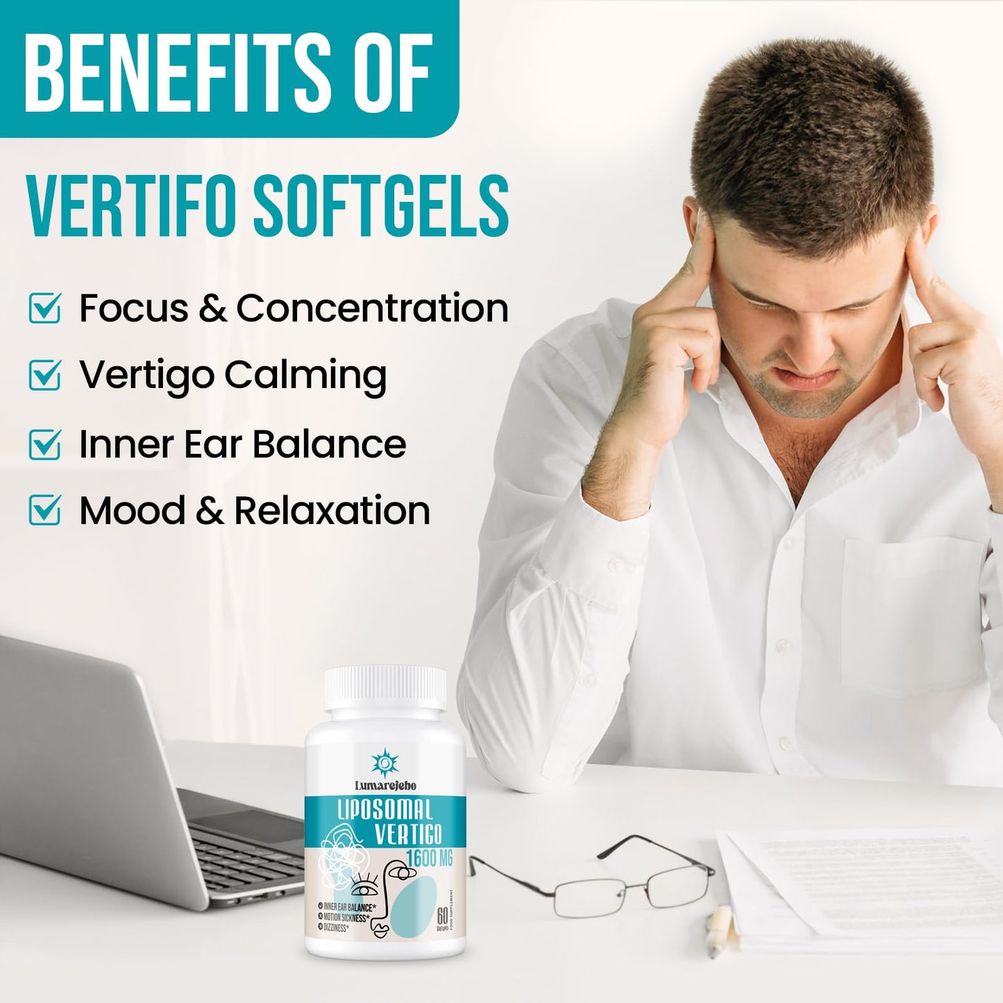 Lumarejebo Liposomal Vertigo Softgel 1600mg, Inner Ear Balance Supplement with Ginger & Ginkgo Extract, Relieve Motion Sickness & Dizziness, 60 Softgels
