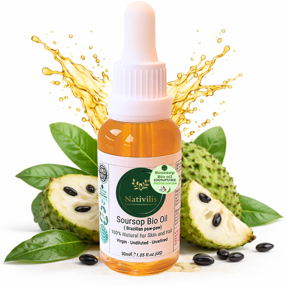 Nativilis Natural Essential Oils Nativilis Soursop Bio Oil, 30ml, 100% Natural Virgin Unrefined Brazilian Paw-Paw Oil for Skin and Hair