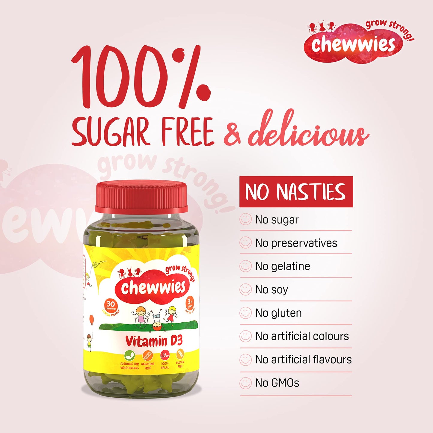 Vitamin D - Chewable Gummies- Vegetarian, Vegan, Halal, Sugar Free & Gluten Free, Non-GMO - for Adults and Children to Support Healthy Growth and Development by Chewwies Vitamins