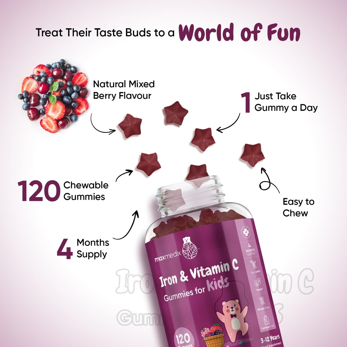 Iron & Vitamin C Gummies for Kids - 4 Months Supply - 120 Gummies - Natural Mixed Berry Flavour - Kids Iron Gummies for Energy & Immune System - Vegan Iron Supplements for Kids - No Aftertaste