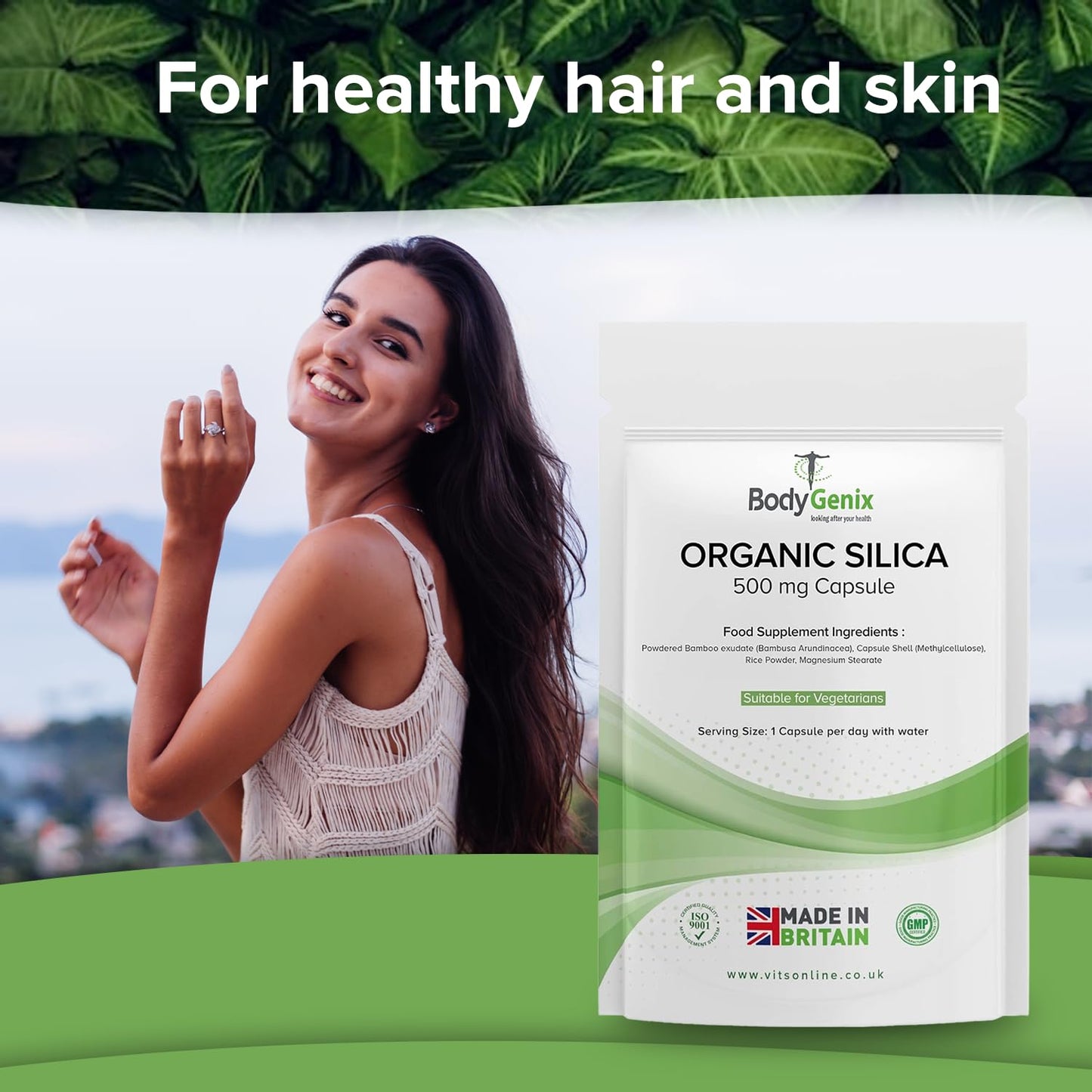Bodygenix Organic Silica Capsules - 500mg Bamboo Extract Hormonal Balance Healthy Bones & Hair Natural Food Supplement - 30 Capsules 1 Month Supply