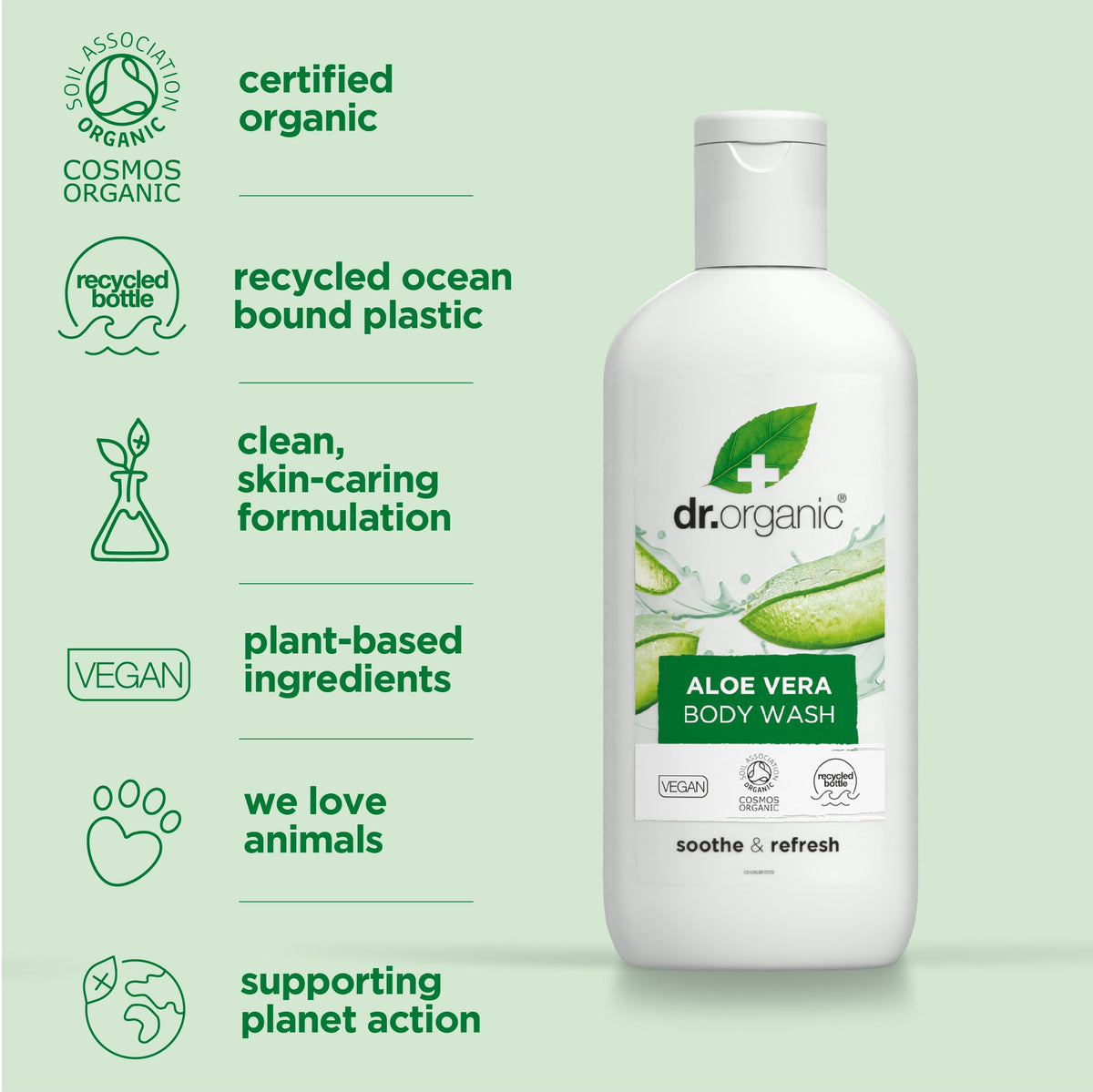 DR ORGANIC Dr Organic, Organic Aloe Vera Body Wash , Natural , Vegan , Cruelty Free , Paraben & SLS Free , Eco Friendly Recyclable Packaging, For Women & Men, Palm Oil Free, 250ml