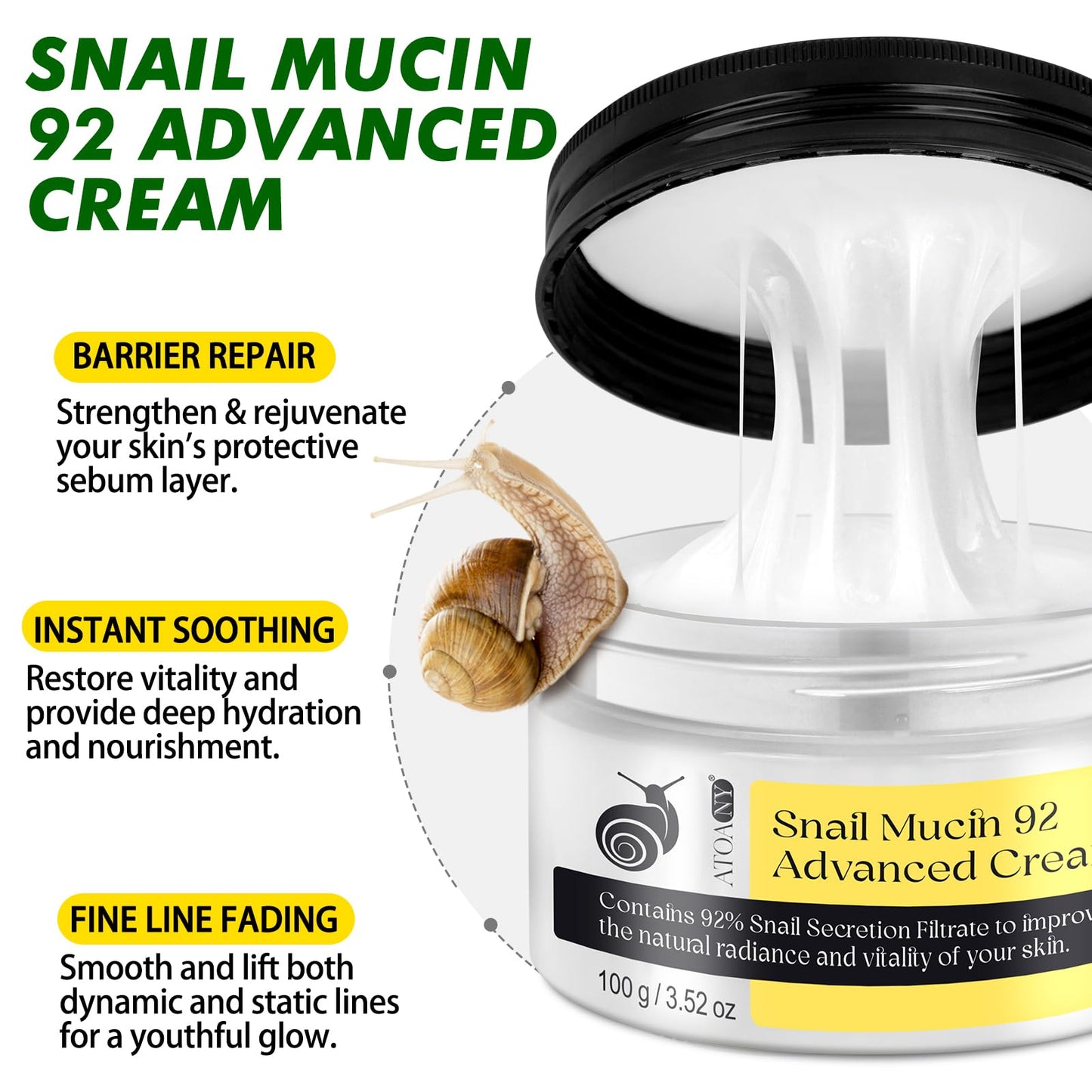 Snail Mucin 92% Advanced Cream Face Moisturizer, Deep Hydration & Nourishment Repair Cream, Advanced Cream for Dry & Sensitive Skin, Face & Neck Cream for All Skin Types, 100g / 3.52oz