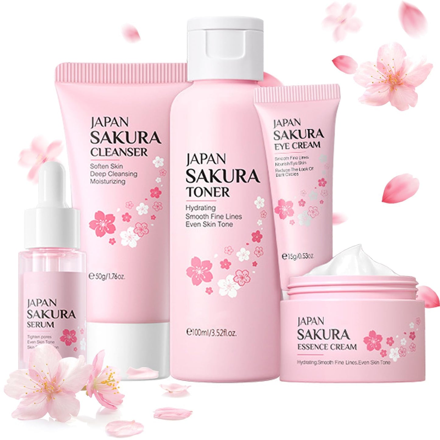 Shengqialun Skin Care Sets & Kits, Cherry Blossom Skin Care for Teenage Girls, Skincare Gift Set with Cleanser, Toner, Serum, Essence Cream,Eye Cream, Skin Essentials Travel Kit All Skin Types