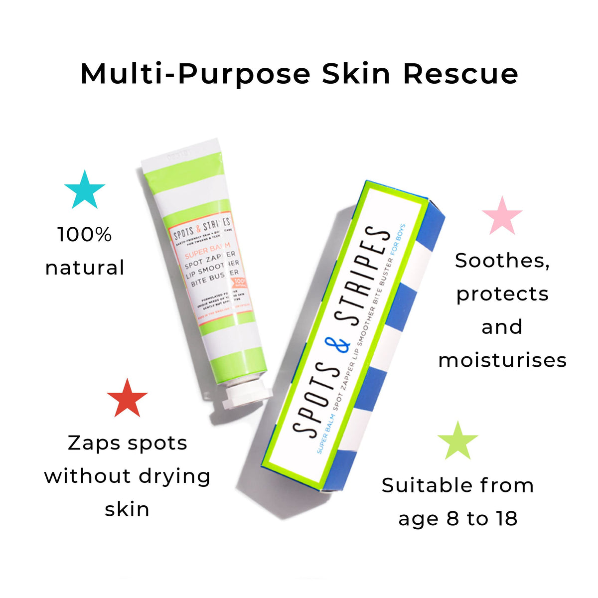 Spots & Stripes - Starter Skincare Set for Boys, Easy-to-Use and Natural Essentials for Teen and Young Skin, with Virgin Coconut, Kanuka and Niaouli, Super Gentle, Combats Blemishes (150ml and 15g)