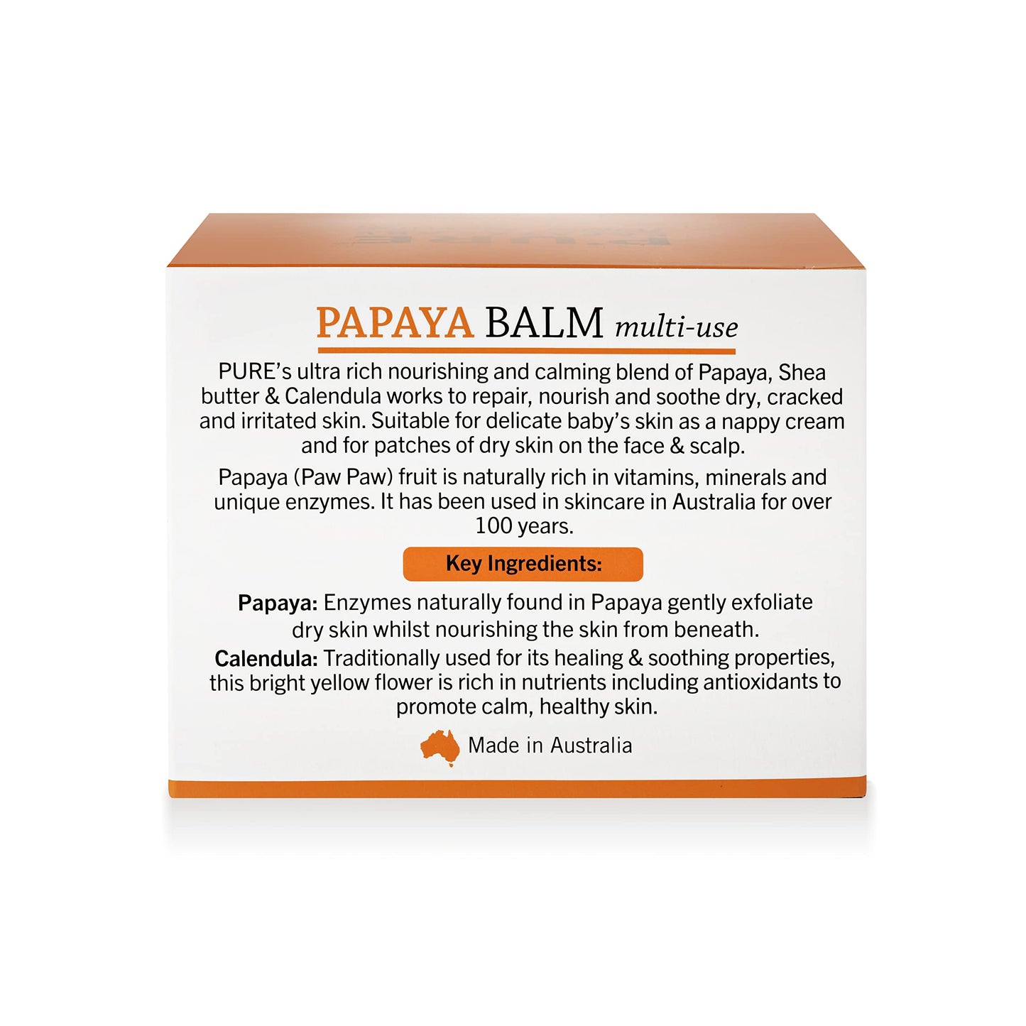 P'URE PAPAYA CARE Balm Multi-use 100g - VEGAN - Repairs Dry Skin, After Sun Treatment - Natural Ingredients with Shea Butter, Calendula, Jojoba Oils, Vitamin E & Papaya- Sensitive Skin Care Products
