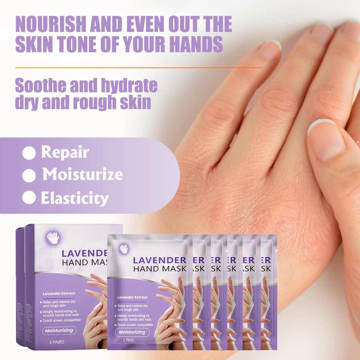 Maggikey Moisturizing hand mask contains lavender extract, lactic acid, shea butter, vitamin e and glycerin to help moisturize dry, rough skin 6 Lavender