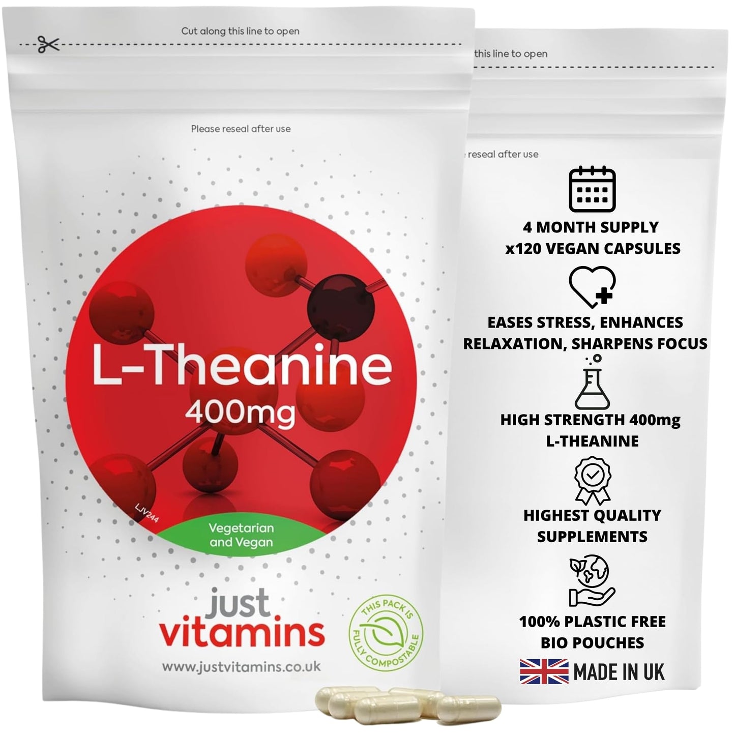 L Theanine High Strength 400mg | 120 Vegan Capsules | Supports Relaxation, Focus & Stress Relief | Fast Absorption | UK Made - Just Vitamins