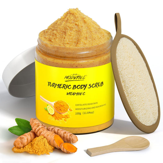 POP MODERN.C Turmeric and Vitamin C Body Scrub, Exfoliating Scrub, Remove Dead Skin Improve Dark Spots Acne, Natural Deep Cleansing, Exfoliator for Body Butt Bikini Area, Body Care for Men Women, with Loofah