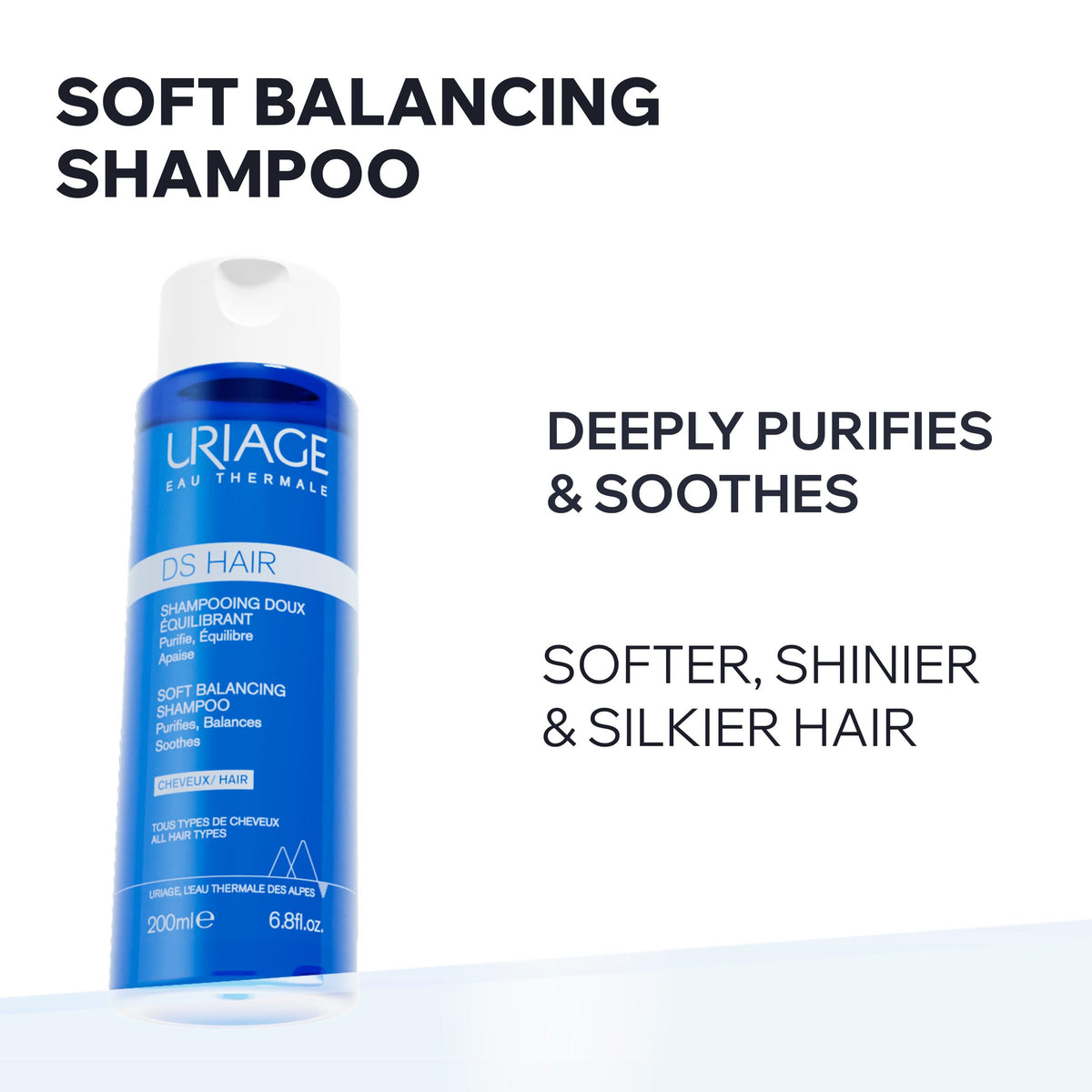 Uriage DS Hair Soft Shampoo with Edelweiss - Deeply Purifies & Soothes - Leaves Hair Soft & Shiny - Fresh & Floral Scent - Everyday wash - Suitable for Sensitive & Irritated Scalps - Soap-free - 200ml